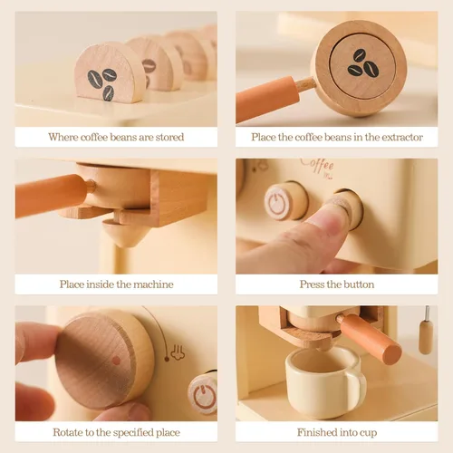 Miniatura 4 de ibwaae Cafetera para niños, 10 piezas, juego de cafetera de juguete, juego de cocina de madera, juguetes para niños pequeños, accesorios de cocina