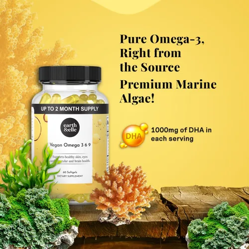 Miniatura 2 de Earth & Elle Suplemento de algas Omega 3 - Omega 3 vegano - Suplemento vegano Omega 3 con aceite de algas y DHA vegano - Ayuda a apoyar la salud