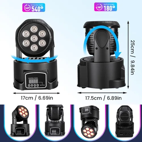 Miniatura 2 de MINGJIE Luces de DJ con cabeza móvil, 12 colores 7x10W LED foco de escenario de lavado con DMX y sonido activo, inclinación de 540° de inclinación