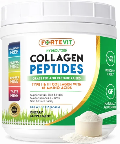 FORTEVIT - Péptidos de colágeno en polvo para mujeres y hombres, hidrolizados tipo I y III, alimentados con pasto, sin sabor, apoya la elasticidad
