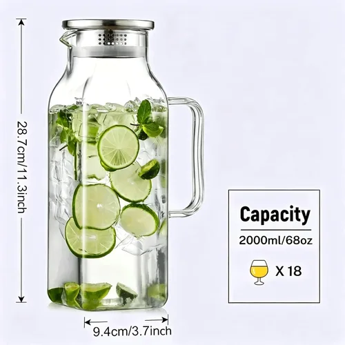 Miniatura 2 de Paquete de 2 jarras cuadradas de vidrio de 2 litros/68 oz con tapa y asa, jarra de vidrio para agua caliente/fría, jarra grande de té helado