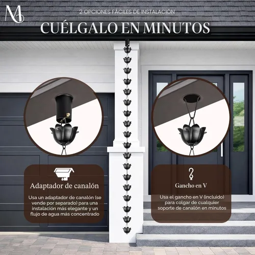 Miniatura 5 de Monarch Rain Chains Cadenas de lluvia de aluminio Lotus negras para canaletas – Cadena de lluvia decorativa negra de 8.5 pies para exteriores, Negro
