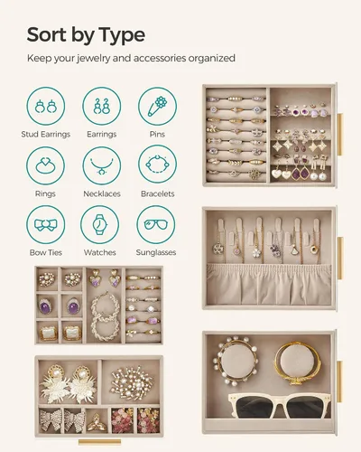 Miniatura 4 de SONGMICS Joyero con ventana de cristal, organizador de joyas de 5 capas con 3 cajones laterales, almacenamiento de joyas, con espejo grande