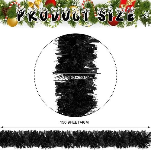 Miniatura 2 de Ceenna Guirnalda de oropel de Navidad de 150 pies, guirnalda metálica giratoria, brillante para colgar en el árbol de Navidad, suministros de Negro