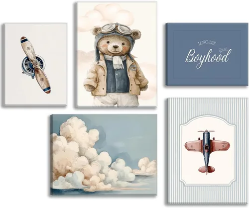Arte de pared vintage para guardería de bebé niño, avión retro, viaje, lienzo para habitación de niños, decoración de pared con osos de peluche,