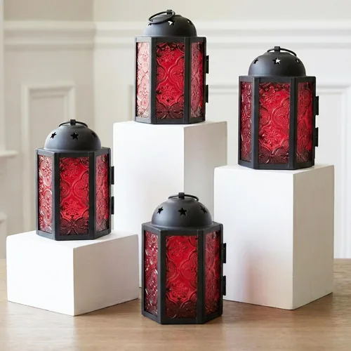 Miniatura 13 de VELA LANTERNS - Juego de 4 linternas para velas tea light, estilo mini marroquí, de 4.25" de tamaño pequeño, decorativas para mesa o colgar, metal