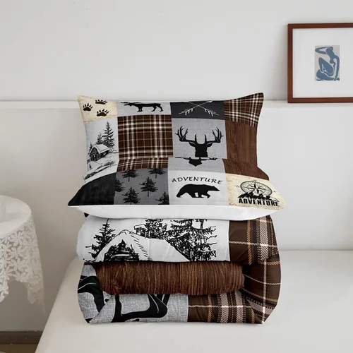 Miniatura 8 de Juego de edredón de cuernos de ciervo tamaño individual, juego de ropa de cama rústica de granja con huellas de oso y pinos para decoración