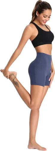 Miniatura 4 de Oalka Pantalones cortos de yoga para mujer, con bolsillos laterales, cintura alta, para entrenamiento, correr, deportes, 4 pulgadas