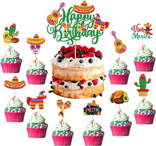 Paquete de 41 decoraciones para tartas de cumpleaños con guitarra, cactus y burro, palillos de pimienta para fiesta mexicana, temática de baby