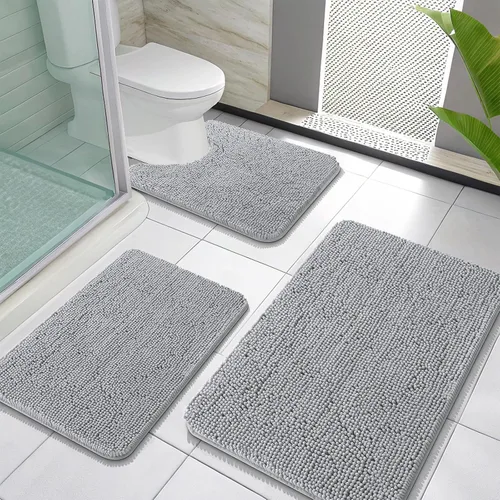 Miniatura 60 de OLANLY Juego de Alfombras de Baño de 3 Piezas, Tapetes de Baño de Chenilla Suave y Absorbente y Alfombra de Contorno en Forma de U para Inodoro