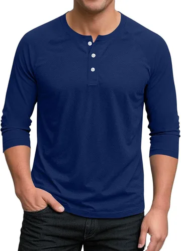 Miniatura 7 de Ctreela Camiseta Henley de manga 3/4 para hombre, estilo casual, ajustada, color sólido, manga larga, camiseta de béisbol Caqui