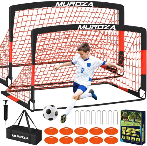 Portería de fútbol, juego de porterías de fútbol para niños para patio trasero, paquete de 2 redes de fútbol portátiles desplegables con pelota de