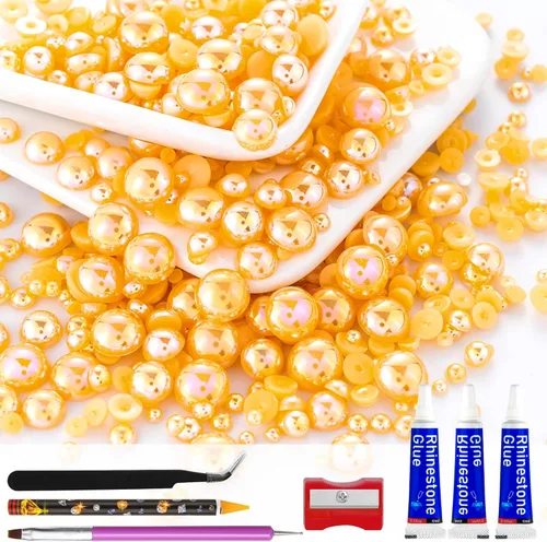Miniatura 19 de 60g de Perlas Acuamarina Dorada con Diamantes de Imitación para Manualidades Tamaño Mixto 3mm-10mm Color AB Redondas Perlas Medias Planas Conjunto