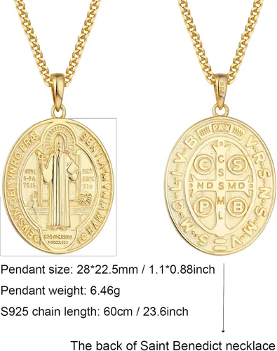 Miniatura 2 de WIOY Collar de medalla de San Benito de plata de ley 925, regalo de joyería católica de San Benito para hombres y mujeres