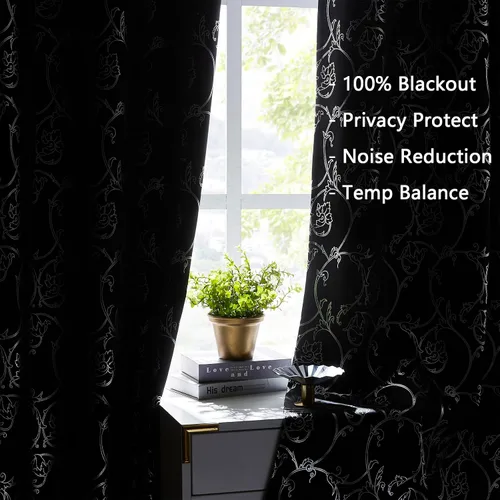 Miniatura 4 de Enactex Cortinas 100% opacas de 84 pulgadas de largo para dormitorio, cortinas con patrón floral plateado para sala de estar, oscurecimiento