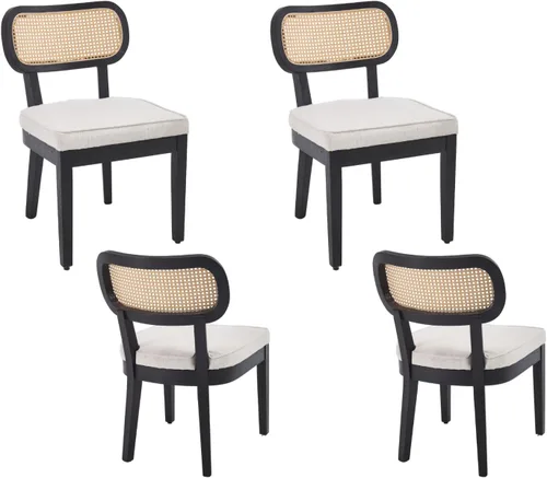 Juego de 4 sillas de comedor de ratán de granja, sillas modernas de madera para cocina y comedor con respaldo de caña, cómodo asiento tapizado de
