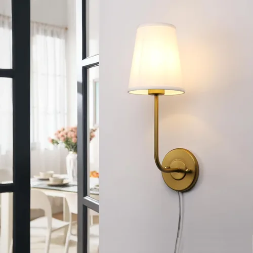 Miniatura 3 de Pathson Set of 2 Plug in Wall Sconces, Rustic Wall Lighting Fixtures with On/Off Switch and Pure White Fabric Lampshade, Antique Brass Wall Lamps