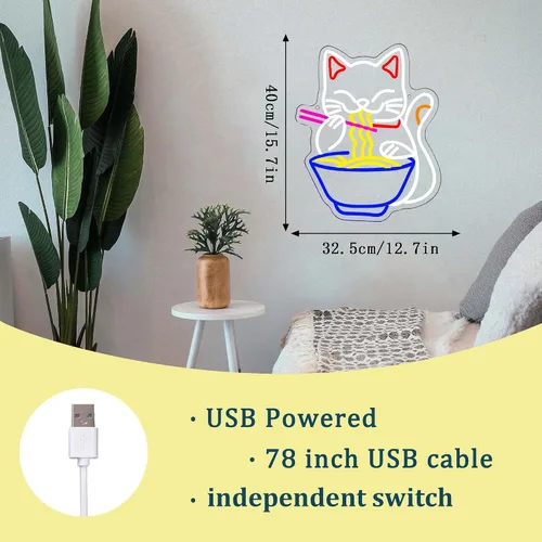 Miniatura 5 de Letrero de neón de gato de la fortuna Ramen, letrero de neón LED de gato de la suerte japonés regulable para decoración de pared, alimentado por USB