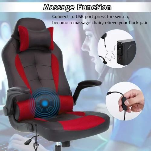 Miniatura 4 de Silla de oficina ergonómica para juegos de masaje, silla de escritorio con respaldo alto, silla ejecutiva de piel sintética con soporte lumbar, Rojo