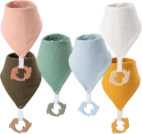 Miniatura 9 de Baberos de dentición para bebé, paquete de 6 con mordedor acoplable, 100% algodón orgánico, baberos súper absorbentes y suaves