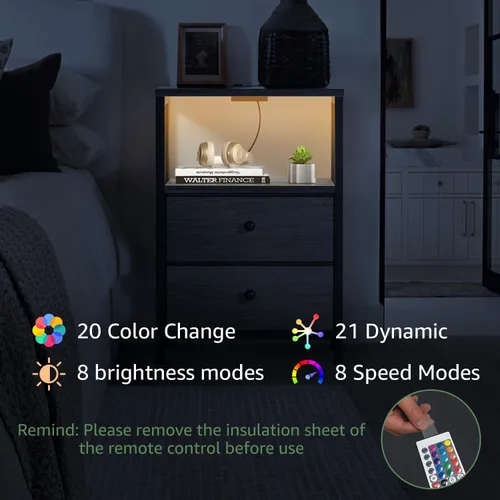 Miniatura 77 de BOLUO Mesita de noche blanca con estación de carga, mesa de noche LED con 2 cajones de tela, mesa auxiliar con puertos USB y tomas de corriente
