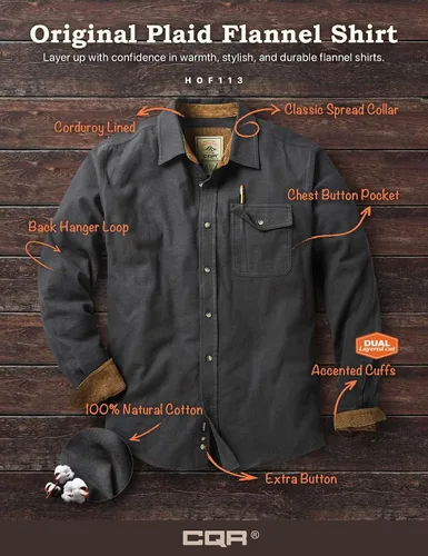 Miniatura 7 de CQR - Camisa de franela de algodón a cuadros con botones y manga larga para hombre, algodón cepillado suave, camisa de estilo informal