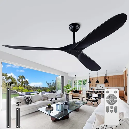 Miniatura 19 de Ventilador de techo de 52 pulgadas sin luz, con control remoto, motor CC reversible, con 3 aspas de madera maciza, para patio, sala de estar, Nogal