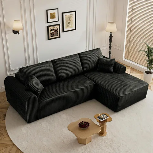 Miniatura 19 de Sofá seccional sin costuras de 108" en forma de L para sala de estar, cómodo sofá de corduroy con chaise, amplios reposabrazos, asiento profundo