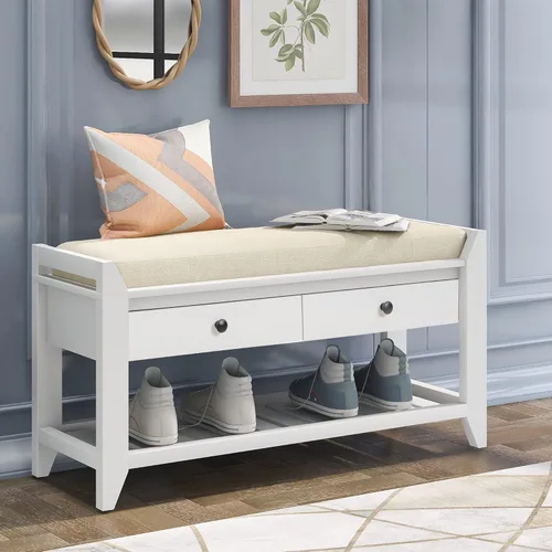 Miniatura 17 de Knocbel Banco de almacenamiento de entrada para zapatos con asiento acolchado, 2 cajones y estante de rejillas, sala de estar, entrada, pasillo