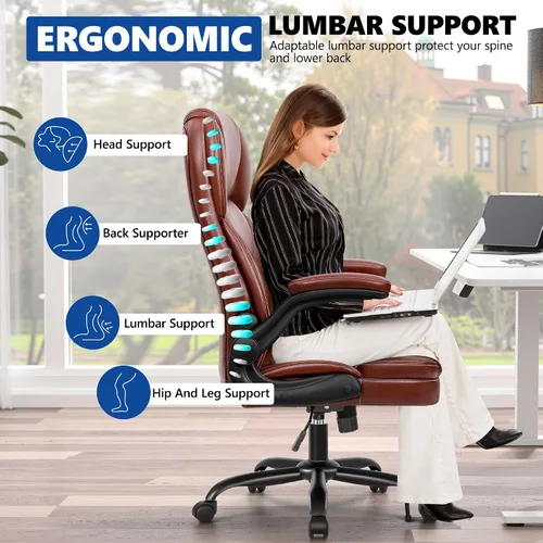 Miniatura 5 de Silla de oficina ejecutiva de cuero PU, silla ergonómica de respaldo medio para computadora y juegos con altura ajustable, giratoria con ruedas