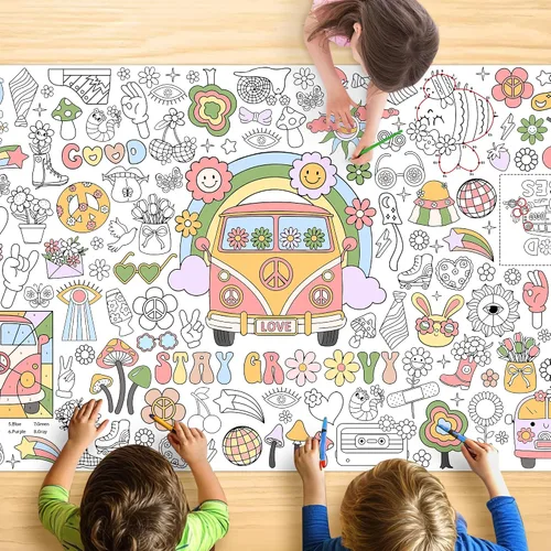 Groovy - Mantel para colorear para niños, póster colorido de 30 x 72 pulgadas con letreros de paz, margarita, diseños retro, perfecto para juegos de