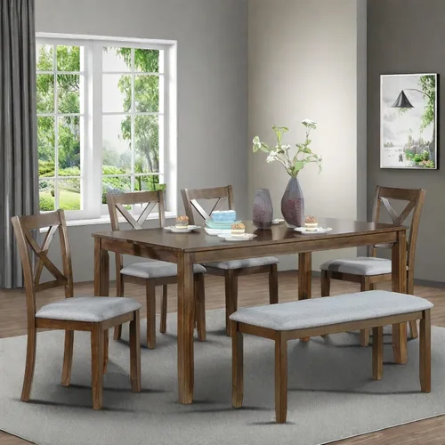 Miniatura 10 de Juego de mesa de comedor de 6 piezas para 4-6 personas, juego de cocina con 4 sillas tapizadas y un banco, sillas de sala de estar con respaldo