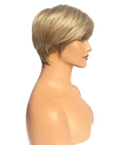 Miniatura 4 de Peluca corta rubia con flequillo, corte Pixie en capas, para mujer, fibra sintética, sin pegamento, esponjosa, aspecto natural
