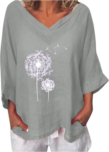 Camisetas de lino y algodón para mujer, talla grande, de manga 34, ajuste holgado, con estampado de diente de león, lindas camisetas de verano,