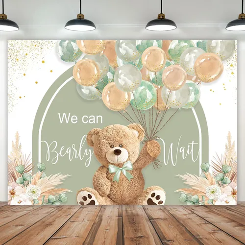 Miniatura 11 de Telón de fondo de oso para baby shower, de 5 pulgadas de ancho x 3 de alto, con texto en inglés «We Can Bearly Wait Brown Blue Balloons» de dibujos
