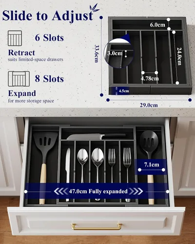 Miniatura 2 de Kitsure Organizador de cubiertos – Organizador de cajones de cocina de bambú expandible para utensilios de cocina y cubiertos, organizadores de Negro