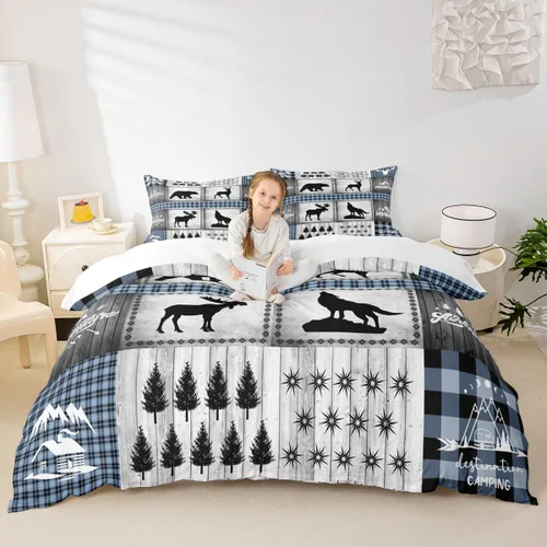 Miniatura 12 de Juego de funda de edredón para niños de ciervo, oso, lobo, tamaño individual, juego de ropa de cama de cabaña de aventura para niños, niñas