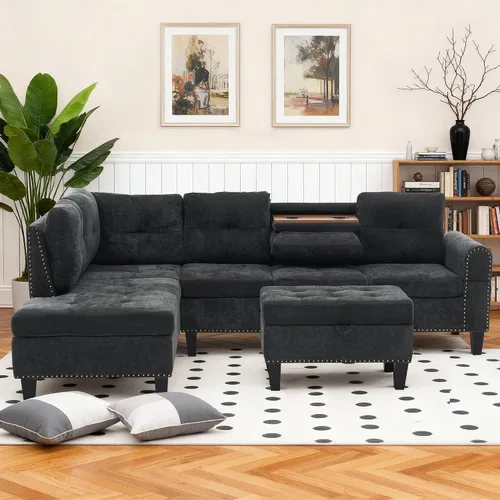 Sofás en forma de L para sala de estar, muebles de sofá seccional para sala de estar con otomán de almacenamiento, sofá seccional modular con chaise