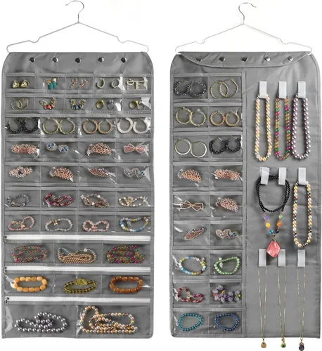 Miniatura 22 de BB Brotrade Organizador colgante de joyas, organizador de accesorios, organizador de 80 bolsillos para guardar joyas (beige)