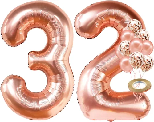 Globos gigantes (40 pulgadas) del número 32 en color oro rosa, para decoraciones de cumpleaños para mujer