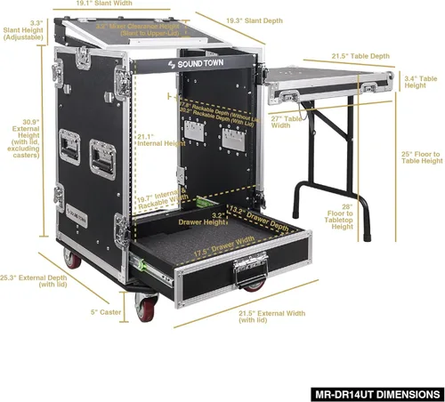 Miniatura 7 de Sound Town 14U PA DJ Caja de rack/ruta ATA para audio profesional con cajón de 2U, parte superior inclinada de mezclador de 11U, mesa de trabajo