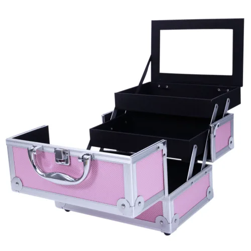 Miniatura 5 de Estuche de tren de maquillaje portátil profesional, estuche de aluminio para maquillaje, joyero, organizador de almacenamiento de cosméticos con Rosa