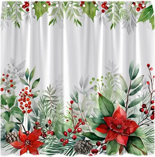 Miniatura 3 de Cortina de ducha de flores de Navidad, flor de pascua, bayas de acebo, acuarela, hojas de eucalipto verde, naturaleza, feliz año nuevo, invierno
