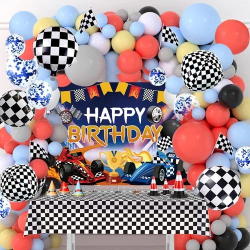 Miniatura 9 de Decoración de fiesta de cumpleaños de coche de carreras, globos de automóvil de carreras con flecos de aluminio a cuadros, telón de fondo