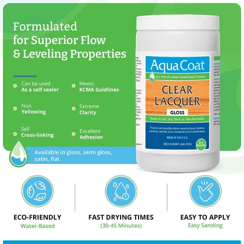 Miniatura 2 de Aqua Coat - Laca transparente con acabado brillante, autoreticulante, a base de agua de alta calidad para madera y plástico, secado rápido, no se