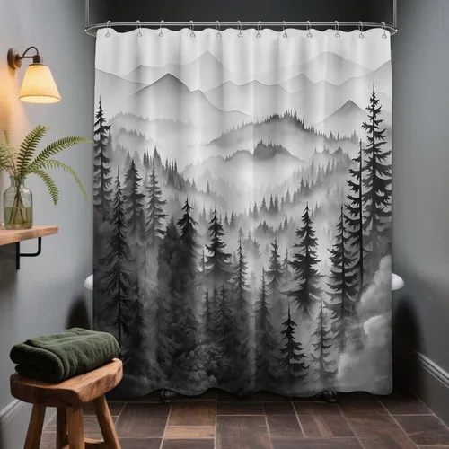 Miniatura 30 de Cortina de ducha azul marino de bosque Cortina de ducha azul oscuro de montaña y naturaleza para decoración de baño de hombres, tela impermeable