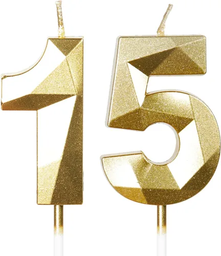 Miniatura 30 de Velas de cumpleaños número 15, velas número 15, velas de feliz cumpleaños de oro rosa para pastel, decoraciones de cobertura de pastel de diseño 3D