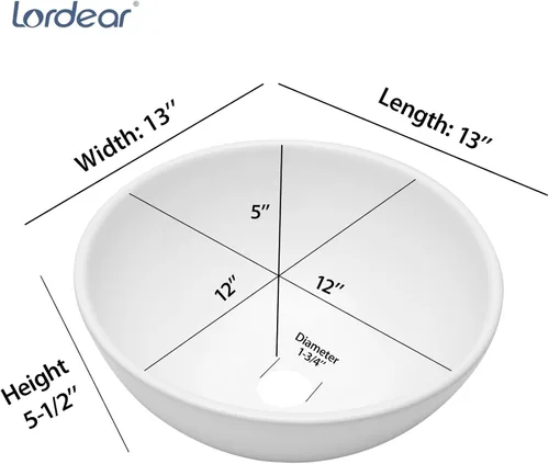 Miniatura 4 de Lordear 13x13 Fregadero Pequeño Redondo de Baño Moderno en Blanco, Fregadero de Cerámica de Porcelana Blanca sobre Encimera, Fregadero de Arte