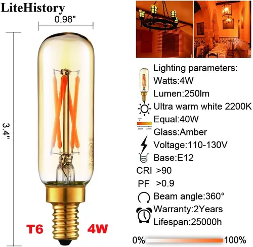 Miniatura 4 de LiteHistory Bombilla LED T6 regulable de 40 W, candelabro LED 2200 K, ámbar 250 lm, 4 W, e12 T25, paquete de 6 bombillas Utral Blanco Cálido 2200k 4w