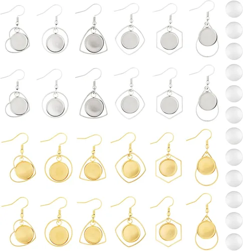 Miniatura 20 de FASHEWELRY 54Pcs Bandejas de bisel para pendientes de acero inoxidable en blanco Geometría rombos lágrima con cabujones de vidrio redondo de 12 mm